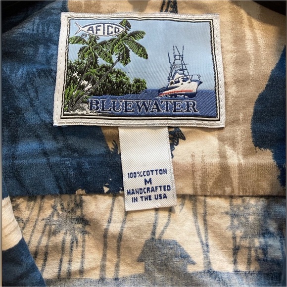 AFTCO Bluewater Vintage Hawaiian Shirt Medium USA Made Tropical Fishing Print - Picture 5 of 8